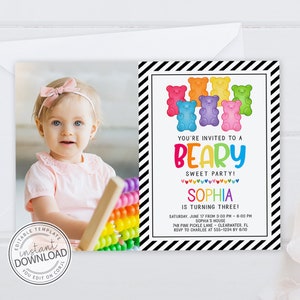 Gummy Bear Invitation, Candy Birthday Invitation, Candy Shop Birthday Invitation, Photo Invitation, Instant Download Editable Template | 748