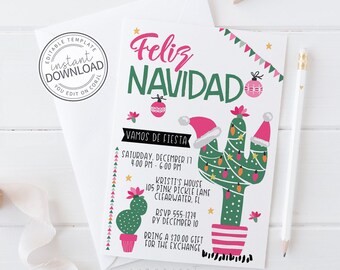 May include: A white invitation card with the text "Feliz Navidad" in pink and green, featuring a cactus decorated with Christmas lights and a Santa hat. The card includes event details and the phrase "Vamos de Fiesta."