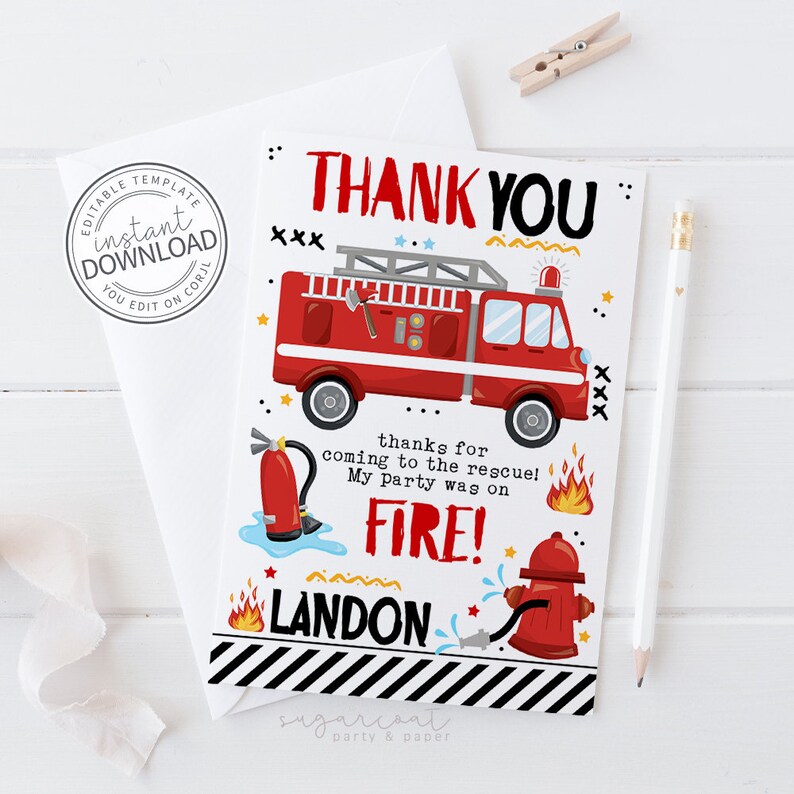 Firetruck Thank You Cards Fireman Thank You Card Firefighter Etsy