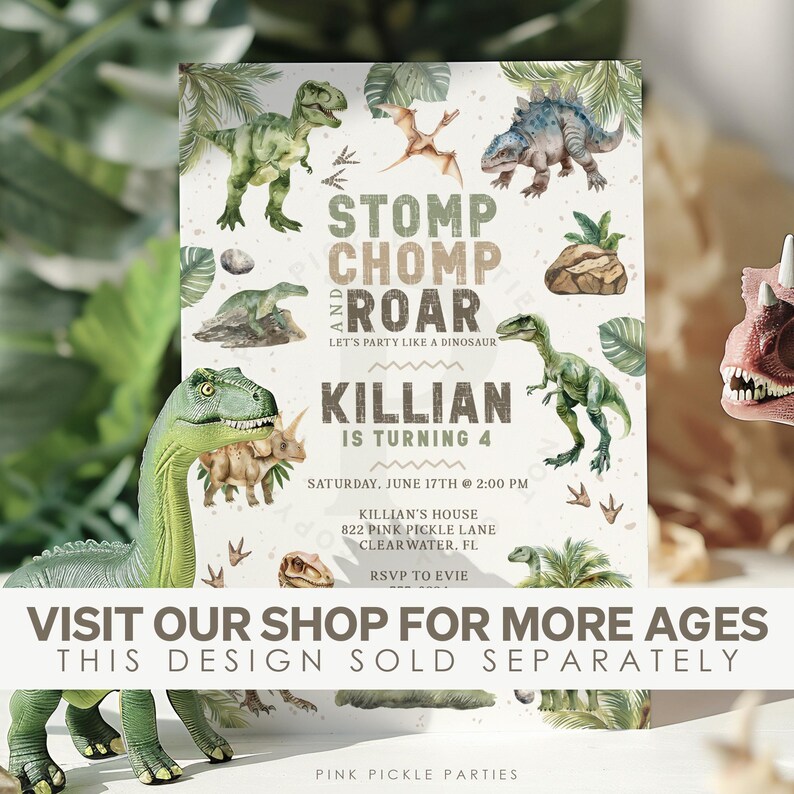 May include: A dinosaur-themed birthday party invitation with green, brown, and white colors. The invitation features the text "Stomp Chomp and Roar Let's Party Like a Dinosaur" and "Killian is Turning 4".