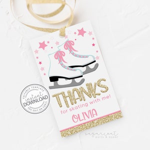 Editable Ice Skating Favor Tag, Ice Skating Birthday Favor Tag, Pink Gold Ice Skating Party, Skate Party Thank You Tag, Instant Download 723