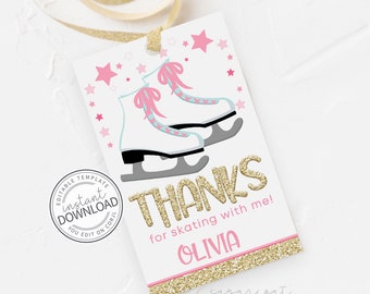 Editable Ice Skating Favor Tag, Ice Skating Birthday Favor Tag, Pink Gold Ice Skating Party, Skate Party Thank You Tag, Instant Download 723