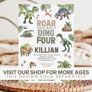 May include: A white dinosaur birthday party invitation with green foliage and watercolor dinosaurs. The text reads "Roar Guess Who Is Dino Four Killian" and includes party details like date, time, location, and RSVP information.