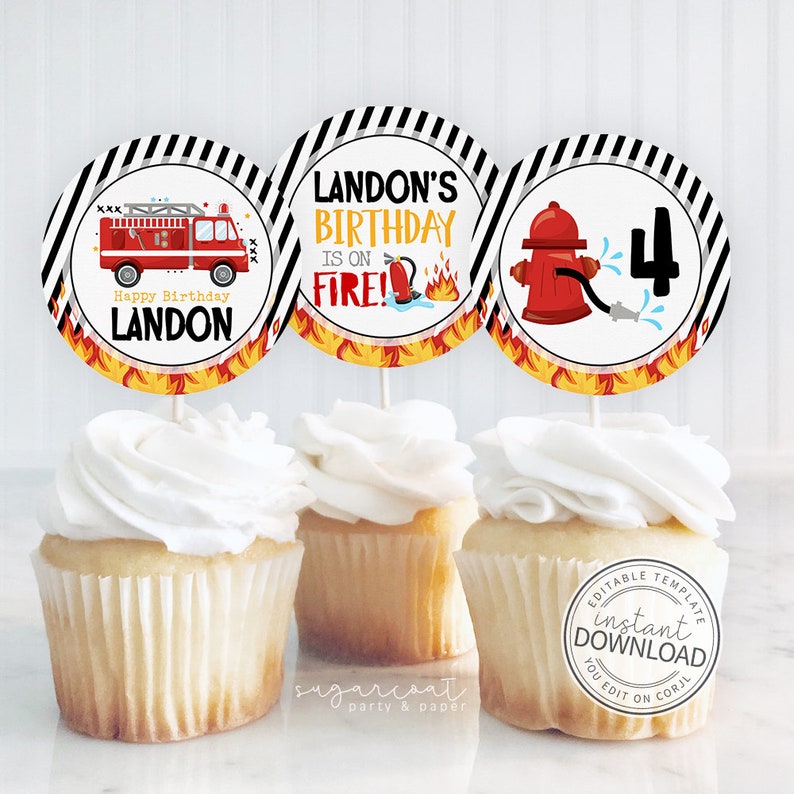 Fireman Birthday Cake Topper Set - Fire Truck, Helmet, Hydrant Decorations For Kids Party