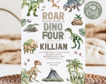 Dinosaur Birthday Invitation, Dinosaur Invitation, Dino Party, Dino-Four Invite, 4th Birthday Invite, Editable Invitation,Dinosaur Theme 822