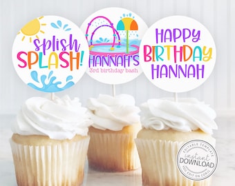 Editable Splash Pad Cupcake Toppers, Splash Pad Birthday Party, Cupcake Topper, Printable Cupcake Topper, Instant Download Editable 687