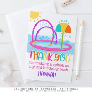 Splash Pad Dankeskarte, Splash Park Danke, Splash Pad Party, Splash Pad Geburtstagsdekorationen Bearbeitbar und druckbar Danke 687