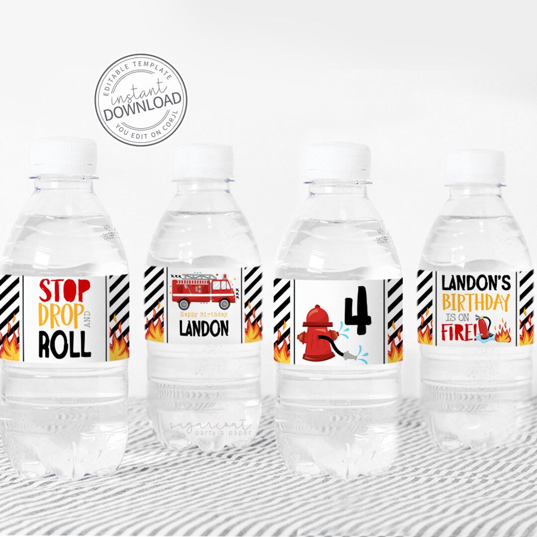 Firetruck Water Bottle Labels, Fireman Party, Firefighter Birthday ...