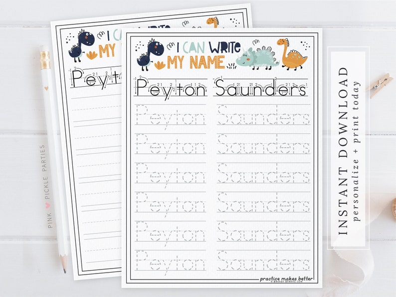 Custom Personalized Name Tracing Worksheets. Lettering Worksheets for Preschool Curriculum. Montessori, Kindergarten, Printable Dinosaur image 1