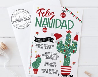Può includere: Un biglietto d'invito bianco con la scritta "Feliz Navidad" in rosso e verde, con un cactus decorato con luci natalizie e cappelli di Babbo Natale. Il biglietto include i dettagli dell'evento e una richiesta di regalo.