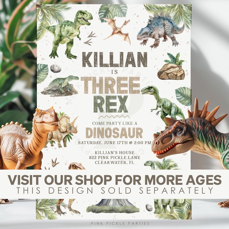 May include: A dinosaur-themed birthday party invitation with a green, brown, and white color scheme. The invitation features the text "KILLIAN IS THREE REX" and a variety of dinosaur illustrations. The invitation also includes the party details, including the date, time, and location.