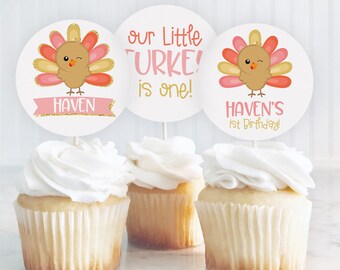 Our Little Turkey Cupcake Topper Download, Our Little Turkey is One Birthday, Turkey Birthday Party Editable Cupcake Topper Printable 649
