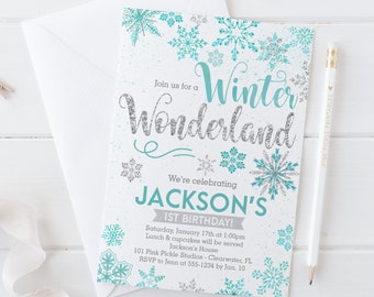 Winter Wonderland Invitation, Winter Invitations, Teal Snowflake, Winter Birthday, Winter Wonderland, Boy Birthday, Instant Download | 101