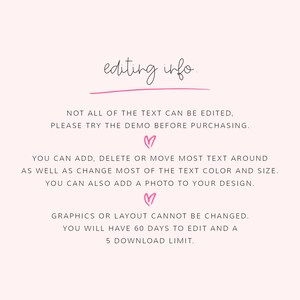 May include: A light pink background with the text "editing info." in a handwritten style. The text below explains that not all text can be edited, and the demo should be tried before purchasing. Additional text explains what can be edited.