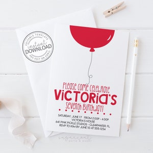 Balloon Invitation, Balloon Birthday Invitation, Red, Balloon Invite, Balloon Party,Balloon Birthday Party, Balloon Party Invitation | 641
