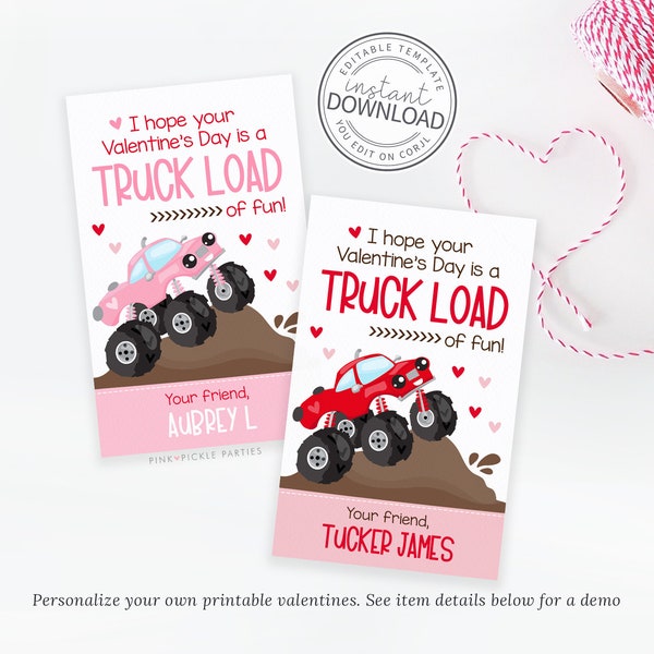 Monster Truck Valentine Tag, Valentines Day Cards For Kids. Classroom Valentines Exchange Card Printable | DIY Editable Instant Download