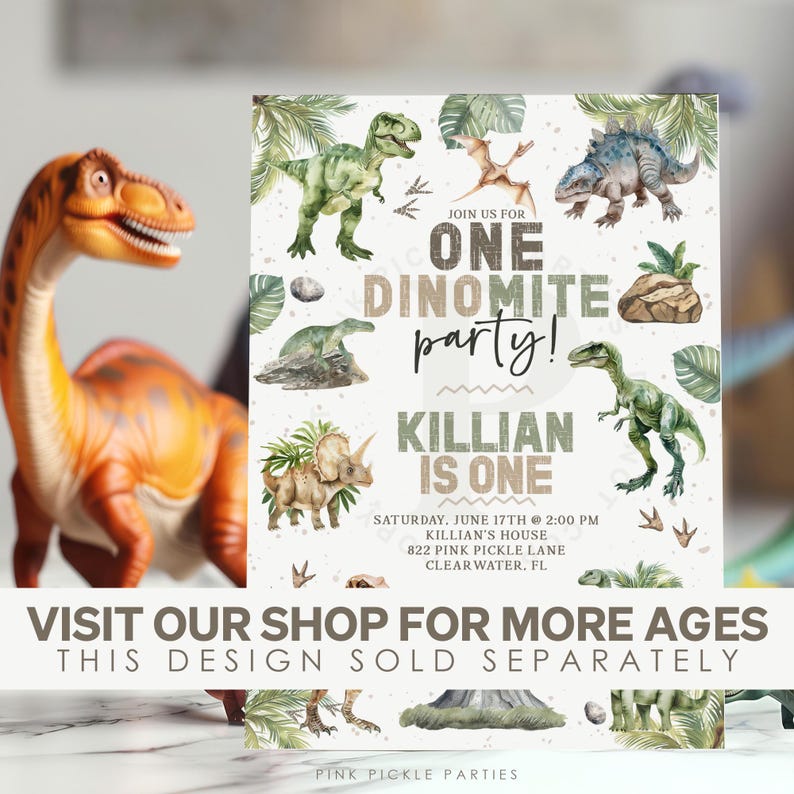 May include: A green and brown dinosaur party invitation with the text "One Dinomite Party!" and "Killian is One". The invitation also includes the date, time, and location of the party.