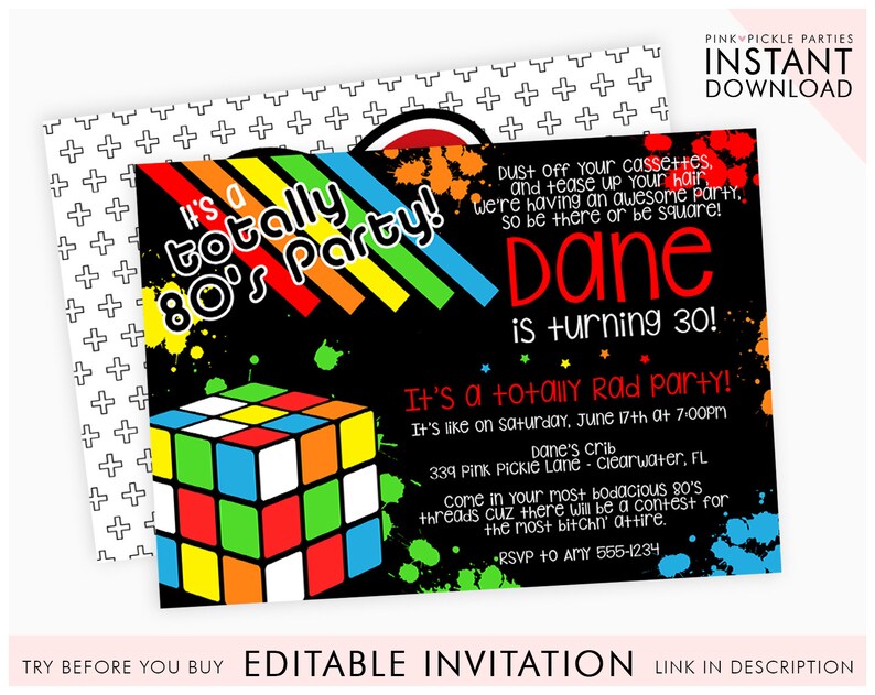 80s Themed Invitations 80s Birthday Party Invitation Template Etsy