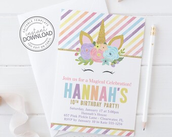 May include: A unicorn-themed birthday party invitation with a colorful striped background. The invitation features a unicorn face with a gold horn and floral accents. Text reads "Join us for a Magical Celebration! HANNAH'S 10TH BIRTHDAY PARTY!"