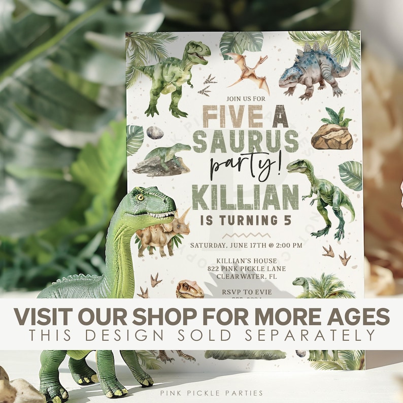 May include: A printable invitation for a dinosaur themed birthday party. The invitation features a green dinosaur with the text "Five a Saurus Party! Killian is turning 5" and the date and time of the party.