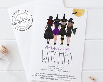 Może przedstawiać: Zaproszenie na Halloween z czterema czarownicami w czarnych sukienkach i kapeluszach, z fioletowym napisem "Drink Up Witches!". Pełnia księżyca i nietoperz w tle. Zawiera szczegóły edytowalnego szablonu.