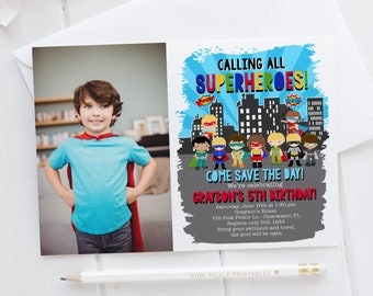 Superhero Invitation, Super Hero Invitation, Superhero Birthday Invitation, Superhero Party, Printable Invitation, Photo Invite | 716