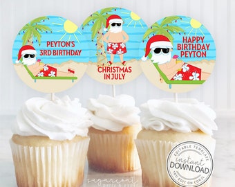 Editable Christmas in July Cupcake Toppers, Summer Christmas, Summer Santa in July, Printable Cupcake Toppers, Instant Download 629