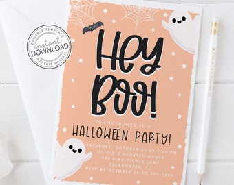 May include: A Halloween party invitation with a peach background, featuring the words "Hey Boo!" in bold black lettering. The design includes a bat, spiderwebs, ghosts, and stars. The invitation details the party's date, time, and location.
