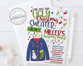 May include: A Christmas party invitation with the text "Come Rock Your Ugly Christmas Sweater at the Miller's Christmas Party!" The invitation features a blue sweater design with a snowman and candy cane.