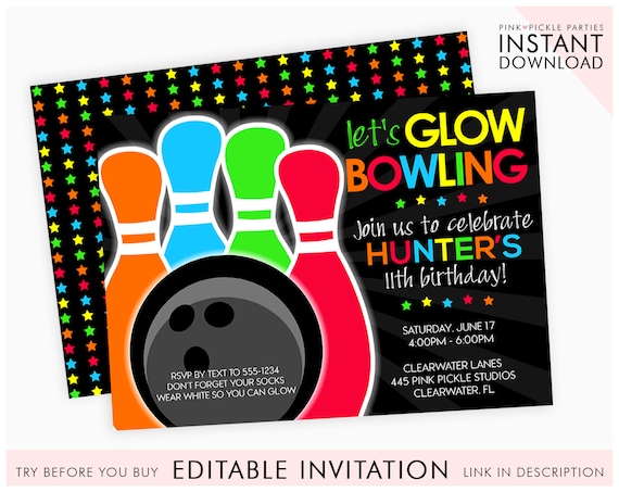 Glow Bowling Invitations Bowling Invitation Glow Bowl Etsy