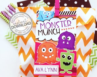 Halloween Gift Tags, Halloween Party, Halloween Favor Tags, Monster, Halloween Kids Halloween Printable, Editable Instant Download 743
