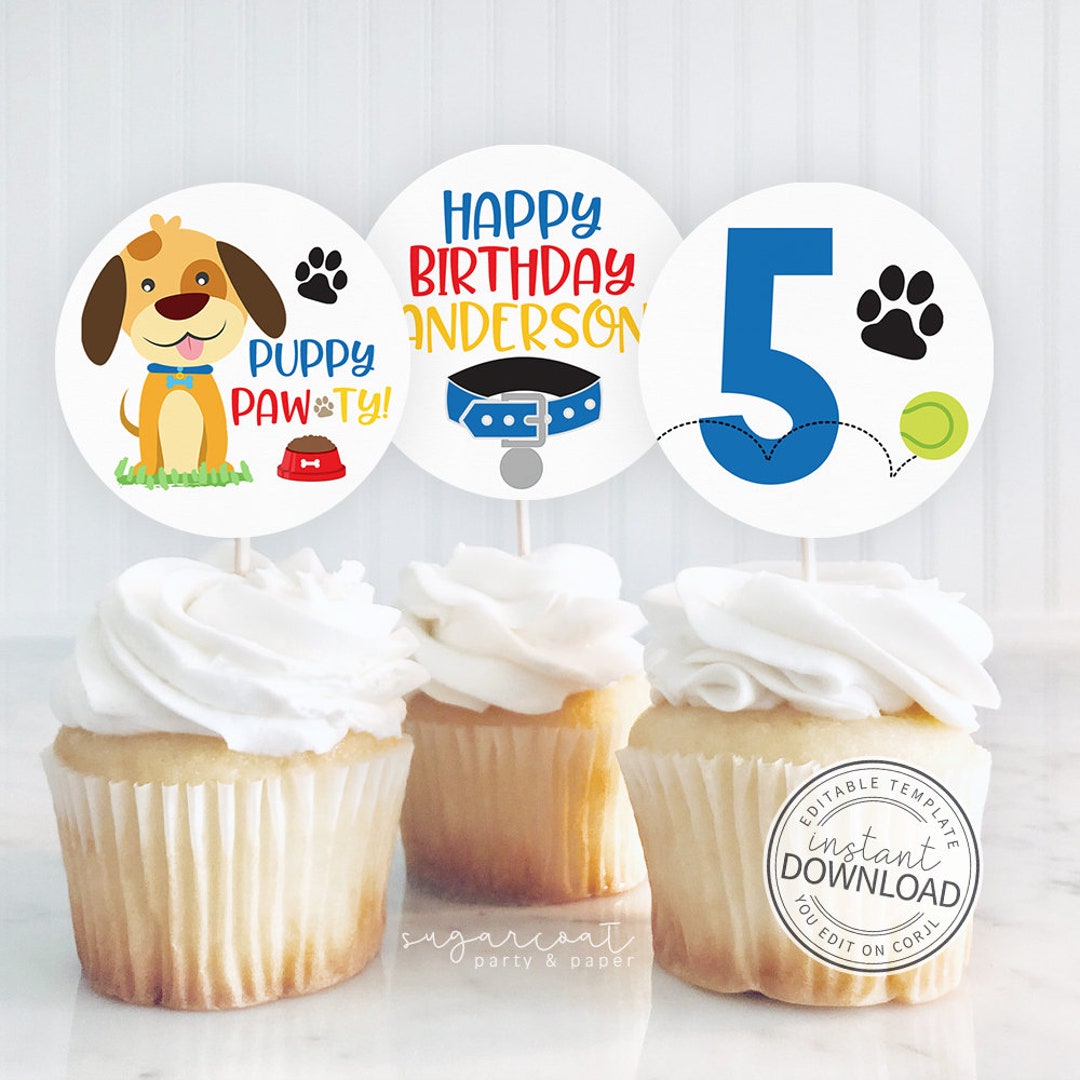 Editable Puppy Party Cupcake Toppers, Puppy Pawty Birthday Party