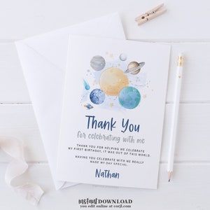 Outer Space Thank You Card, Printable First Trip Around The Sun Thank You Card, Digital Thank You Card Template, Note Cards for Kids 796