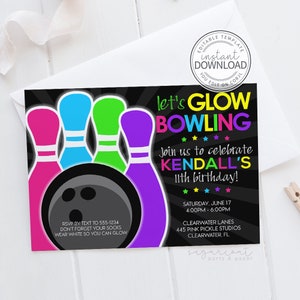 Glow Bowling Invitations, Bowling Invitation, Glow Bowl Invites, Neon Bowl, Bowling Party Invitation, Bowling Invite, Bowling Birthday | 445