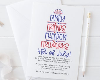 Editable 4th of July Invitation, Fourth of July Invite, Fireworks Invitation, Corjl Editable Invitation Template Mobile Phone Printable 803