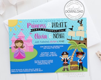 Single Birthday Party Invitations 12x  Princess & Pirate Character Joint 