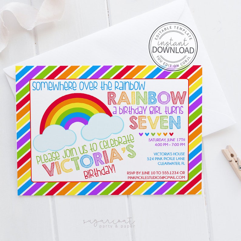 Rainbow Birthday Invitation Digital Download Invitation Etsy