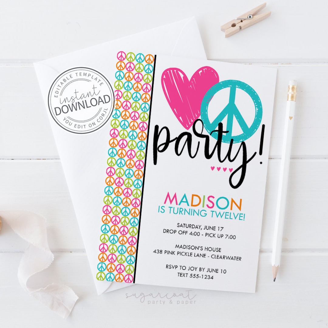 Peace Sign Invitations Peace Sign Birthday Invites Peace - Etsy