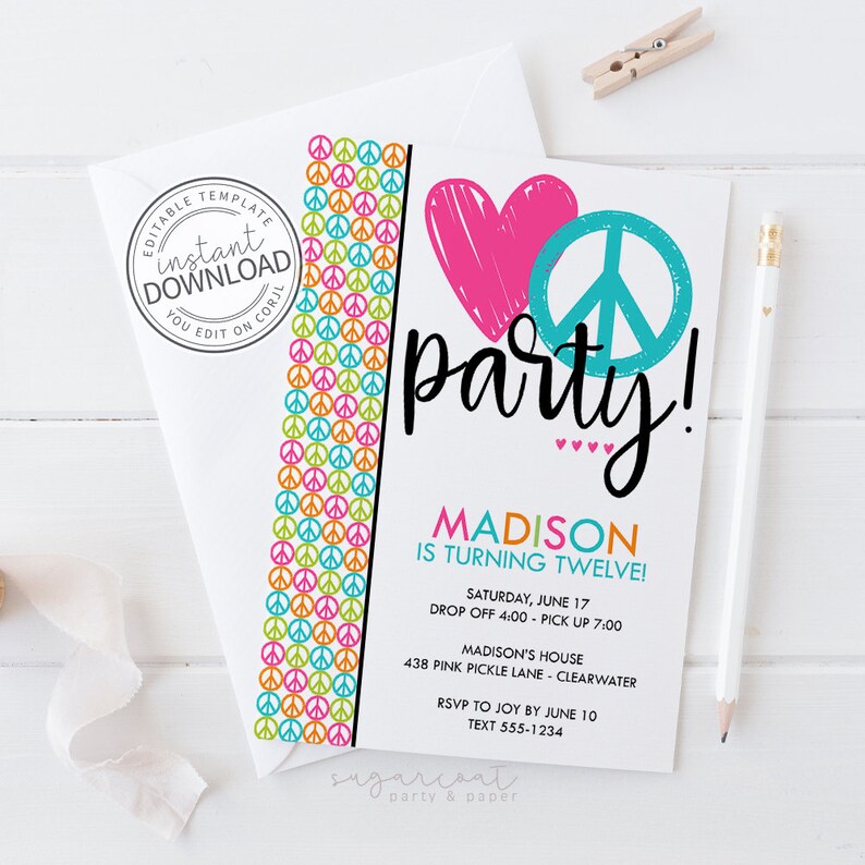Peace Sign Invitations Peace Sign Birthday Invites Peace | Etsy