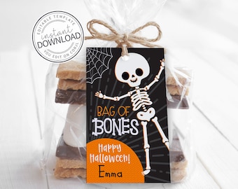 Halloween Gift Tags, Halloween Party,Halloween Favor Tags,Bag of Bones Skeleton Kids Halloween Printable, Editable Instant Download 775