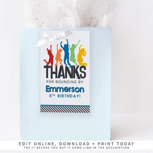 Trampolin Party Favor Tags, Jump Favor Tags, Bounce Party Favor Tags, Sofortiger Download Bearbeitbare und druckbare Dankeschön-Tags | 719