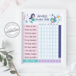 Chore Chart Editable, Mermaid Chore Chart, Kids Routine Chart, Kids Chore Chart, Mermaid Chart, Editable Chore Chart, Behavior Chart