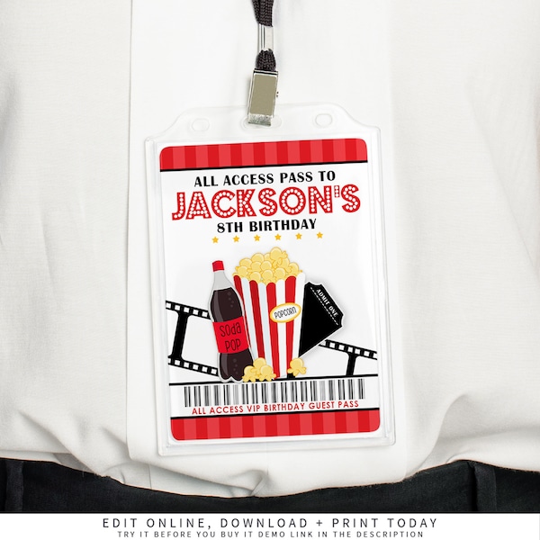 VIP Pass Movie Night Party Favors, VIP All Access Pass Printable, Movie Party Printable, Movie Night Decoration, Movie Party Favor  | 505