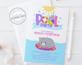 Kitty Pool Party Invitation, Editable Cat Pool Birthday Invitation, Kitten Pool Party, Pool Party Invitation, Summer Pool Party | 765