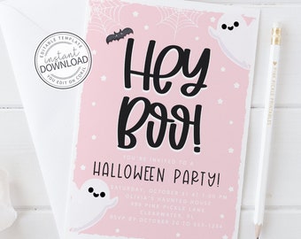 May include: A pink Halloween party invitation with the words "Hey Boo!" in large black letters. The invitation includes a bat, ghosts, and spiderwebs. The text reads "You're invited to a Halloween Party!" and provides party details.