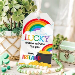 May include: A white gift tag with a rainbow, clouds, and a pot of gold. The text reads "LUCKY to have a friend like you!" and "From: IRELAND".