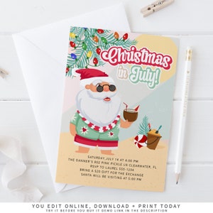 Retro Christmas in July Invitation, Christmas in July, Summer Christmas, Summer Santa, Santa in July, Christmas July, Instant Download 809