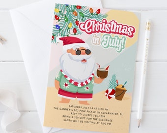 Retro Christmas in July Invitation, Christmas in July, Summer Christmas, Summer Santa, Santa in July, Christmas July, Instant Download 809