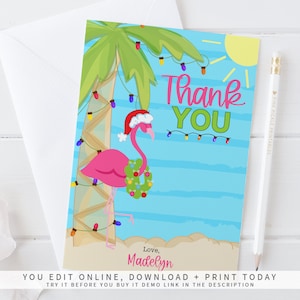 Navidad en julio Tarjetas de agradecimiento, Tarjeta de agradecimiento Flamingo, Tarjeta de agradecimiento de Navidad de verano, Tarjetas de notas, Papelería personalizada / 493