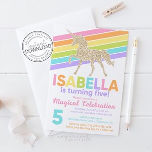 Rainbow Unicorn Birthday Invitation, Rainbow Unicorn Invitation, Unicorn Invitation, Unicorn and Rainbow Invitation, Glitter Invitation |683
